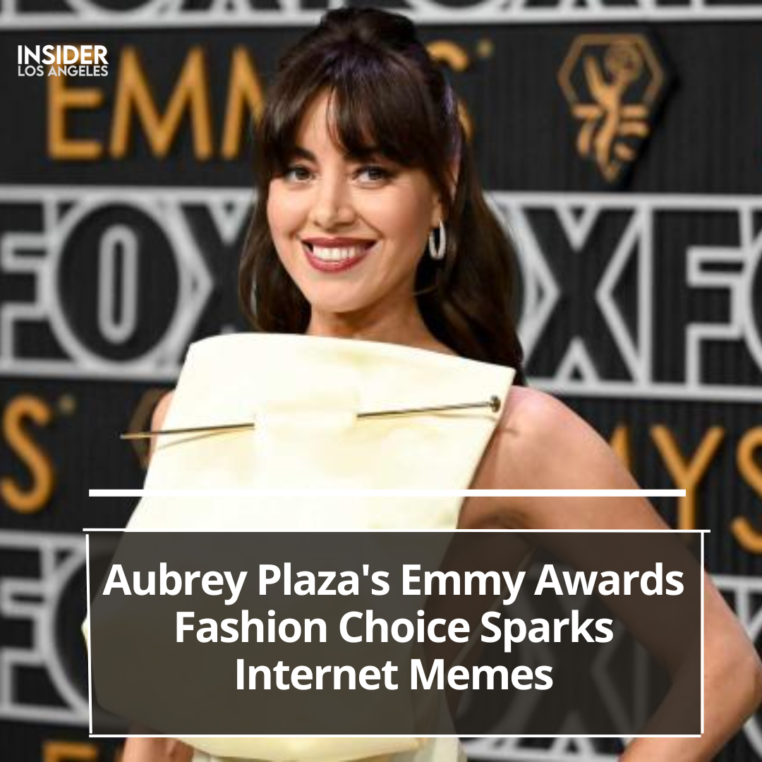 Aubrey Plaza wore a gold Loewe gown with a distinctive pattern to the 75th Primetime Emmy Awards.